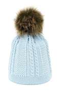 Bonnet pour femmes en laine acrylique bleu pastel pompon fausse fourrure motif torsadé tricot point de riz coupe ajustée élastique revers côtelé hiver