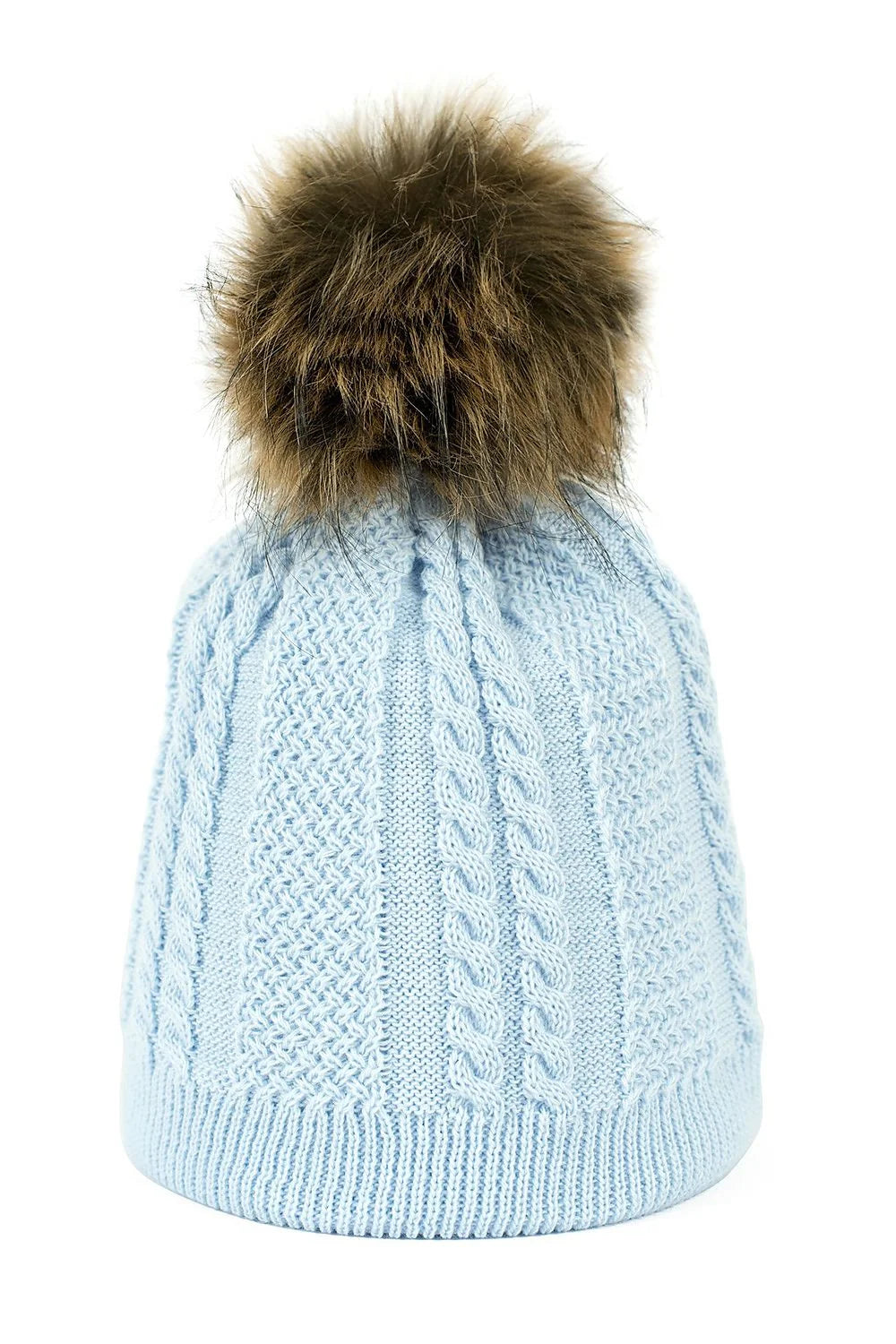 Bonnet pour femmes en laine acrylique bleu pastel pompon fausse fourrure motif torsadé tricot point de riz coupe ajustée élastique revers côtelé hiver