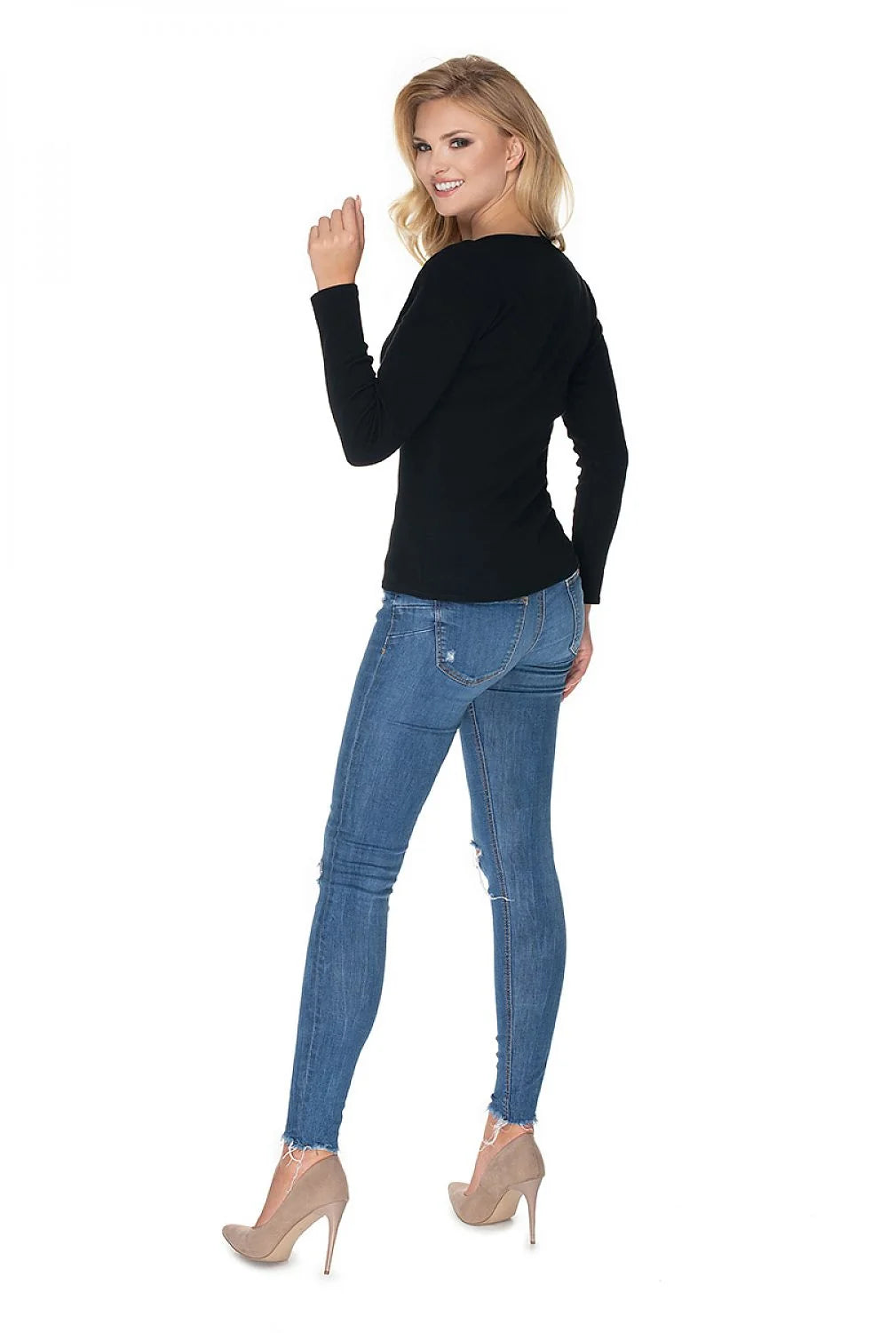 Chemisier en coton côtelé noir ajusté manches longues style moderne femme col œillets élégant