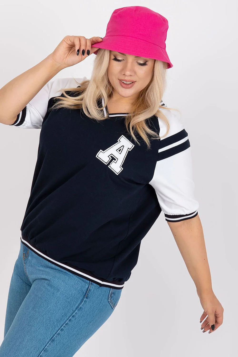 chemisier femme universitaire sportif décontracté manchescourtes lettreAappliquée coton élasthanne stretch coupeample colVrayé bandesnoires ourletélastiqué respirant confortable