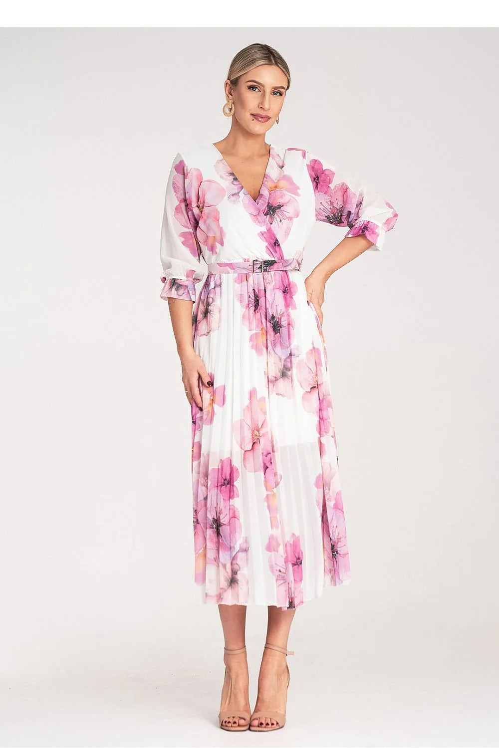 Robe de jour Figl longueur midi imprimé floral décolleté V manches 3/4 taille élastique ceinture polyester elasthanne femmes occasion formelle style romantique moderne