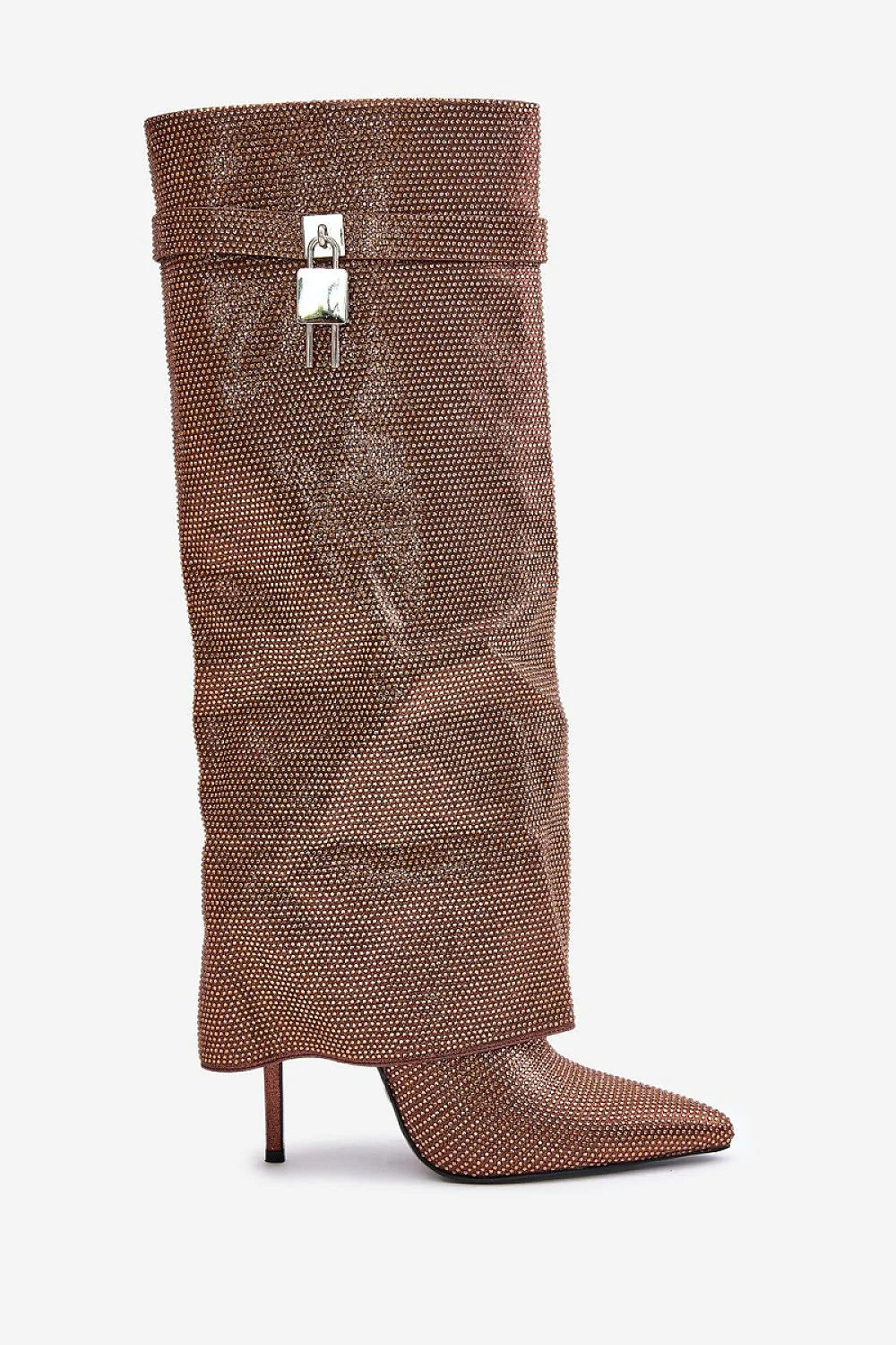 bottes talons aiguilles métallisées cuivrées microstrass bronze scintillant bout pointu silhouette ajustée empiècements guêtre cadenas argenté contrefort rigide glamour soirée