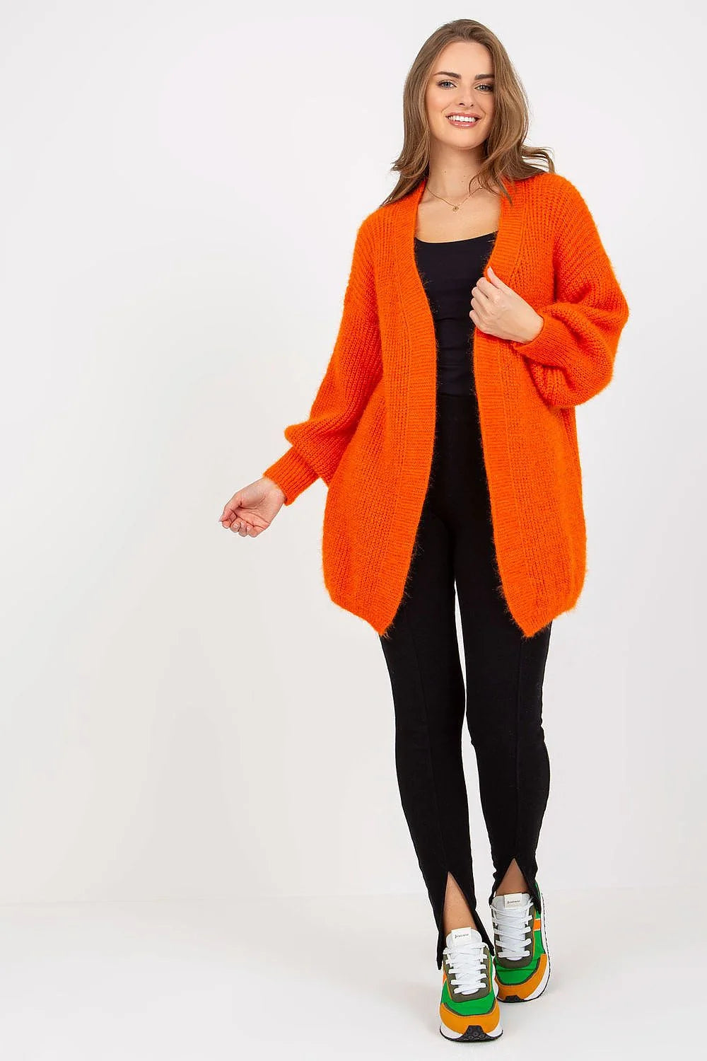 Cardigan Och Bella pour femme style décontracté modern longueur universelle manches longues pelucheux couleur orange vif acrylique mohair laine