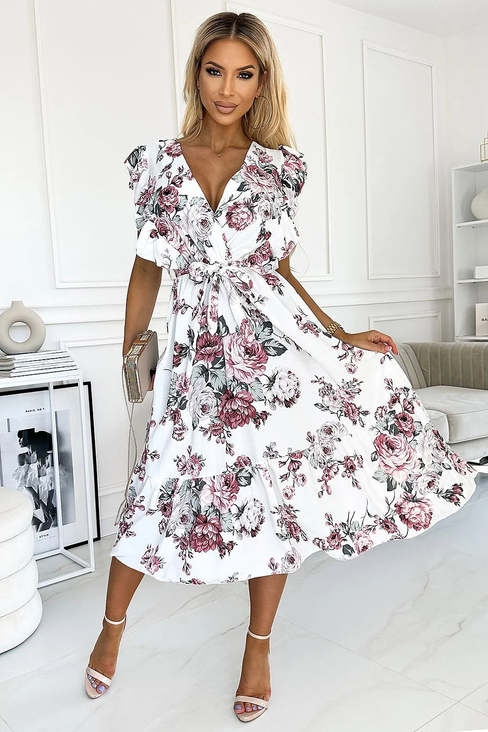 Robe de cocktail élégante Numoco encolure V manches courtes à volants floral rose bordeaux blanc tissu léger Europe