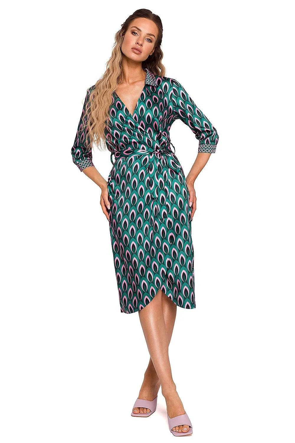 Robe mi-longue polyester élégante motifs géométriques ceinture à nouer décolleté en V femme chic