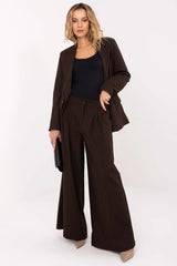 pantalon palazzo femme taille haute rayures fines marron chocolat tissu tissé façon costume coupe fluide plis décoratifs jambes extra larges