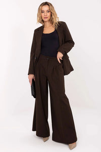 pantalon palazzo femme taille haute rayures fines marron chocolat tissu tissé façon costume coupe fluide plis décoratifs jambes extra larges