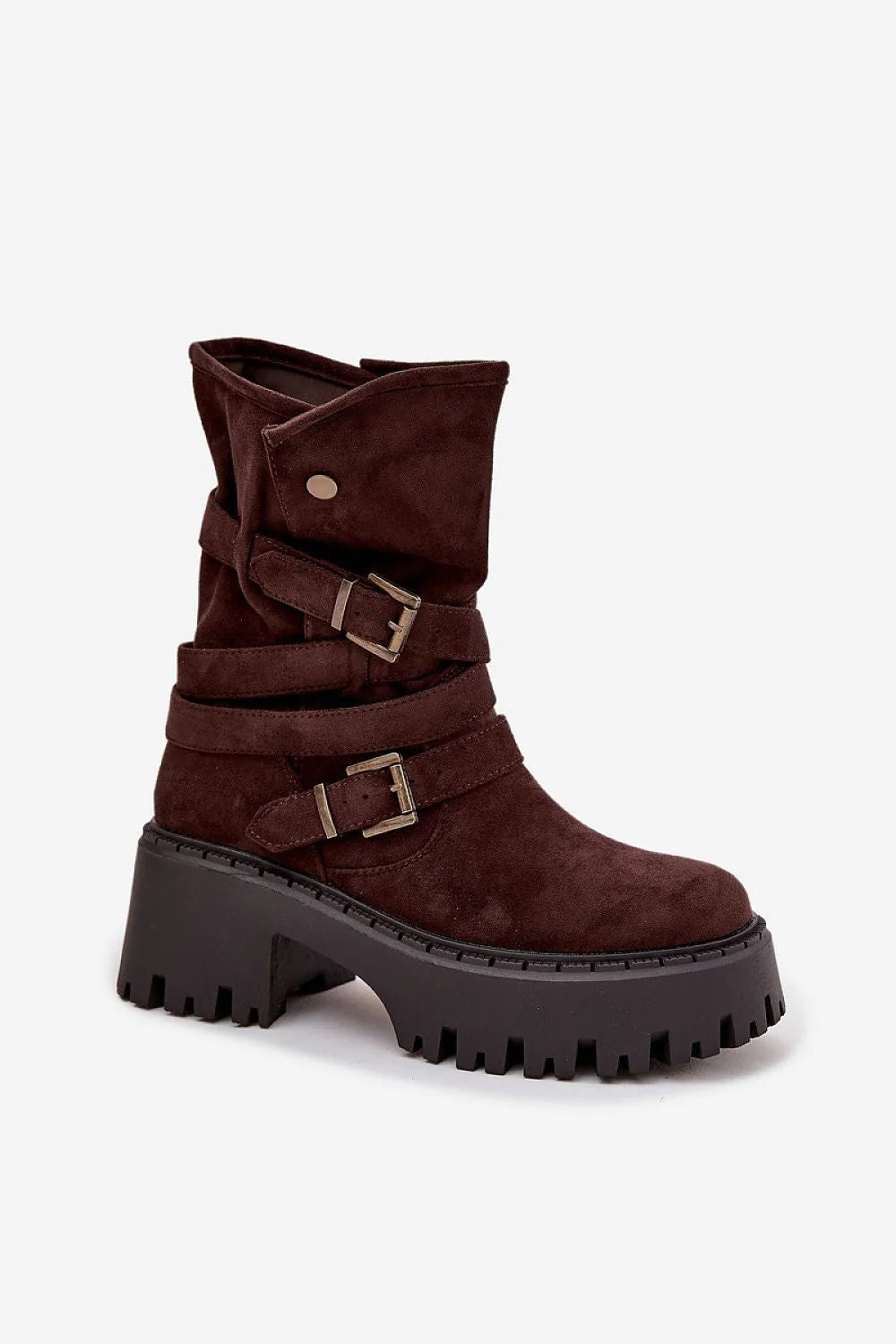bottines femme suédine écologique marron biker motard mihaute tige talon 7cm massif bride tressée boucles dorées semelle crantée