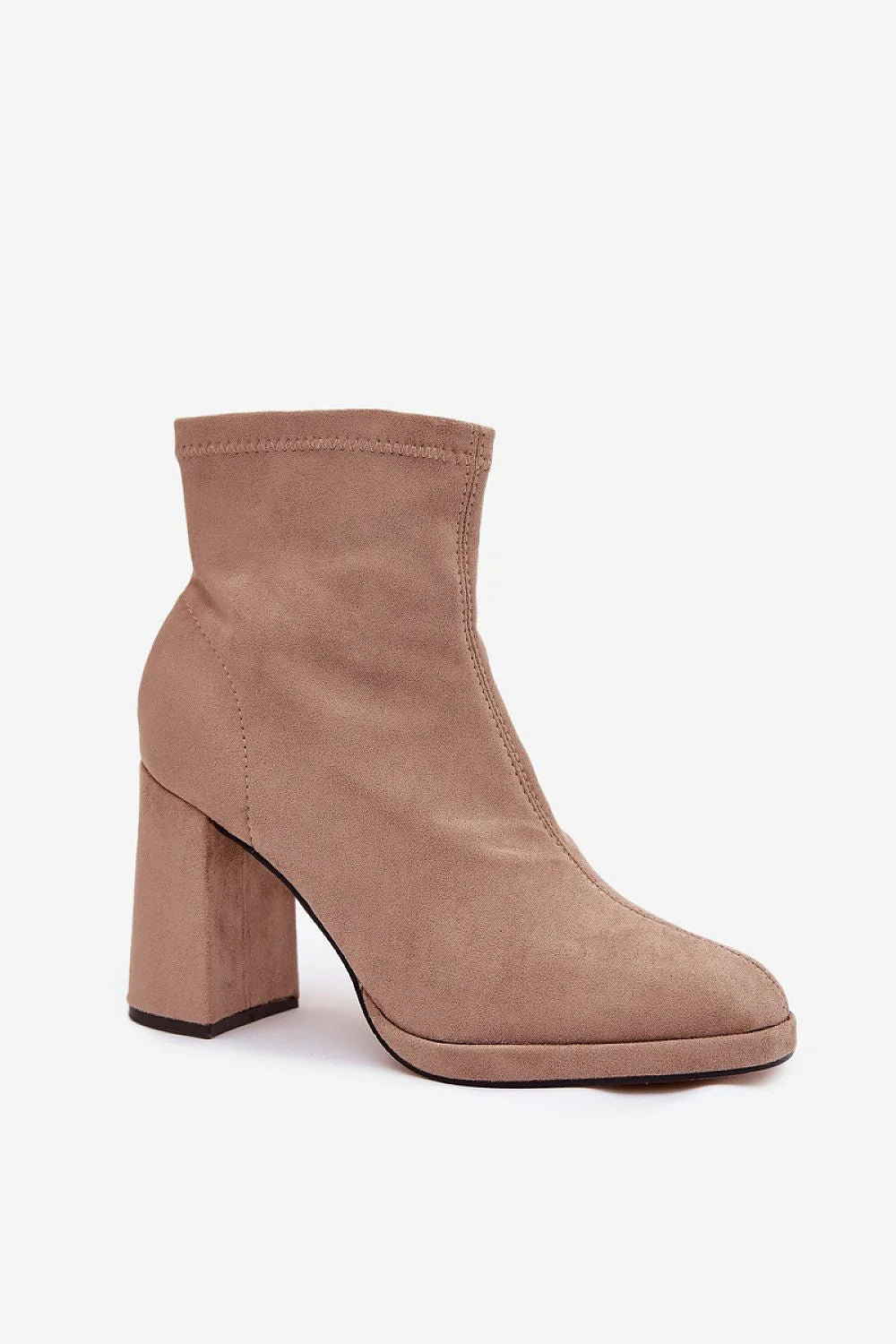 bottines femme suédine écologique taupe talon pilier haut bout amande tige stretch fermeture éclair latérale couture apparente semelle antidérapante confortable