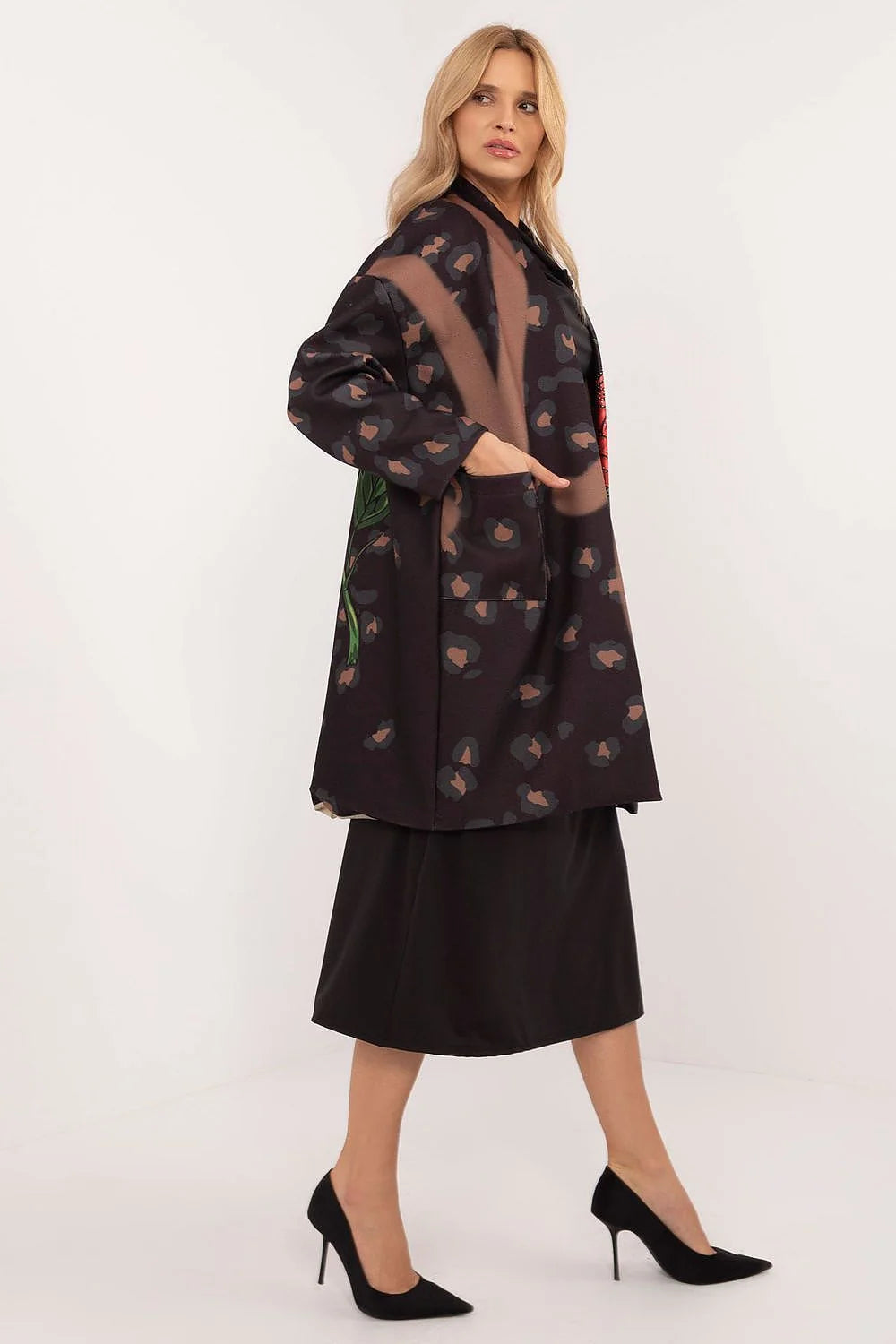 manteau mi genoux femme kimono droite manches longues col drapé oversize noir imprimé floral rouge feuilles vertes strass poches zippées