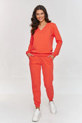 Ensemble Makadamia femme sportif décontracté orange coton sweatshirt pantalon jogging