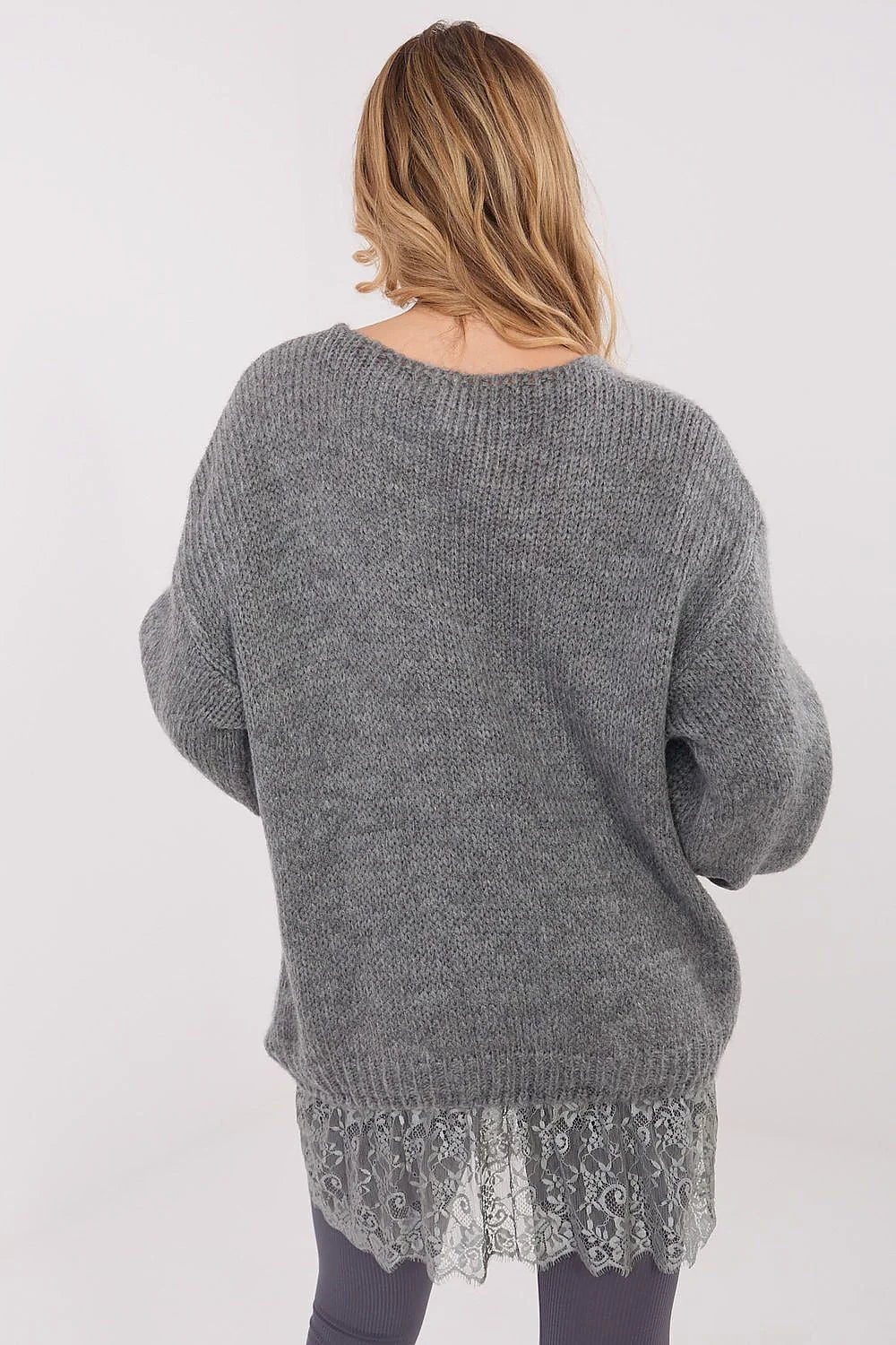 pull long femme oversize col V maille mohair acrylique nylon doux chaud moelleux manches bouffantes ourlet dentelle