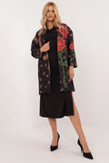 manteau mi genoux femme kimono droite manches longues col drapé oversize noir imprimé floral rouge feuilles vertes strass poches zippées