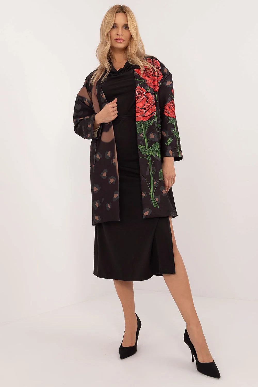 manteau mi genoux femme kimono droite manches longues col drapé oversize noir imprimé floral rouge feuilles vertes strass poches zippées