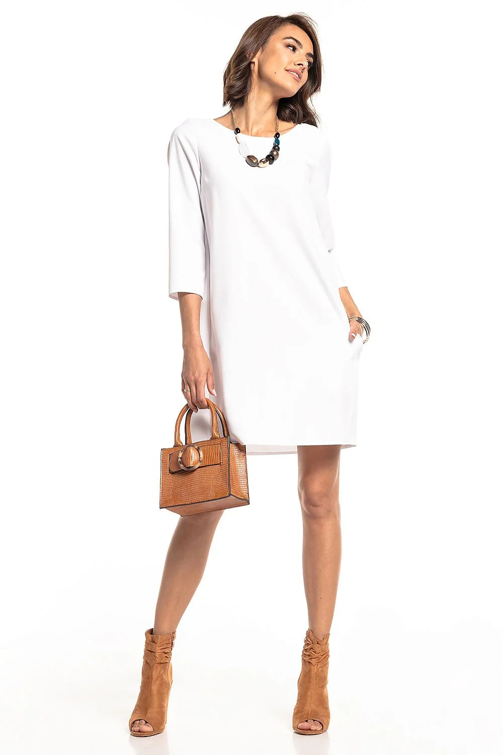 Robe ample polyester vert foncé style trapèze manches trois-quarts élégante chic pour toutes occasions
