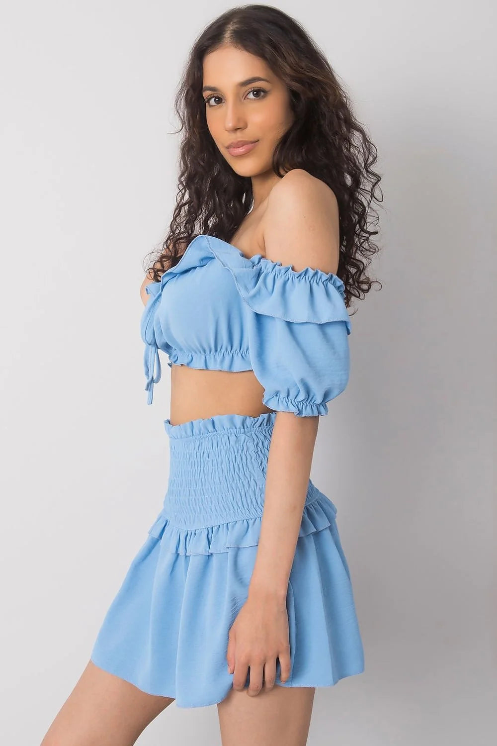 Ensemble chemisier jupe femme blanc style espagnol crop top manches courtes jupe courte smockée