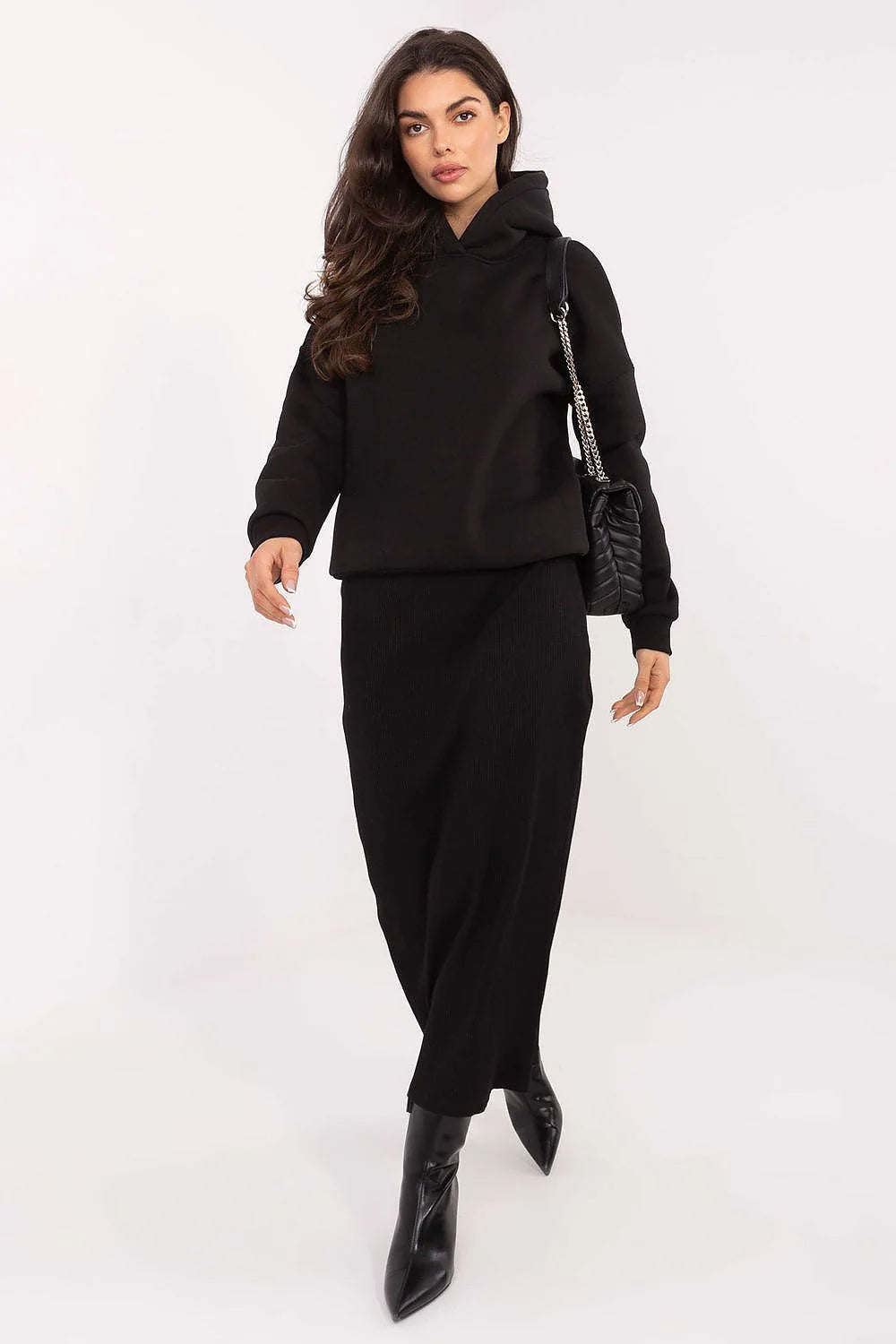 sweatshirt femme oversize noir capuche imprimée boxy coton stretch doux extensible manches longues bords côtes doublé chaud confortable