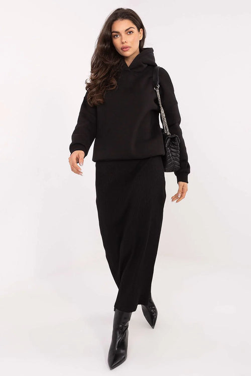 sweatshirt femme oversize noir capuche imprimée boxy coton stretch doux extensible manches longues bords côtes doublé chaud confortable
