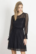 Robe de soirée noire en tulle plissé élégante manches transparentes pour femmes chic et sophistiquée