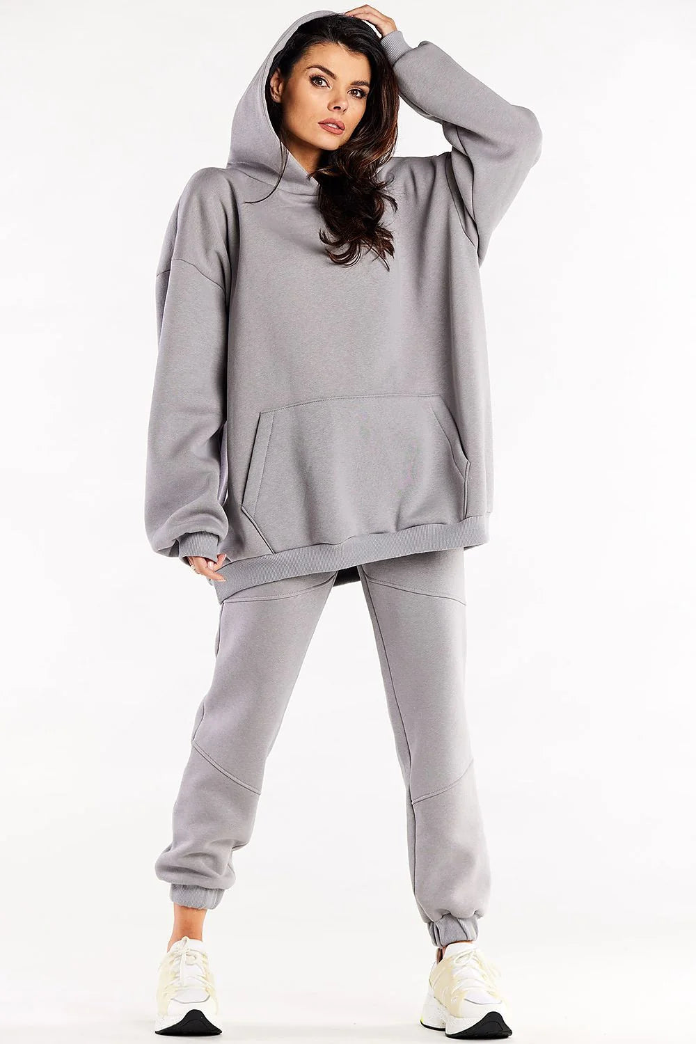 Sweatshirt femme oversize à capuche manches longues poche kangourou gris doux 95% coton élasthanne taille universelle style moderne relaxé