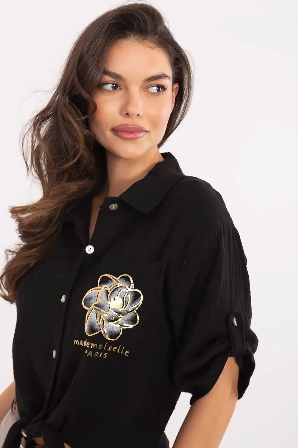 Chemise Italy Moda féminine élégante style décontracté coton noir manches courtes revers noeud taille motif floral brodé mademoiselle Paris
