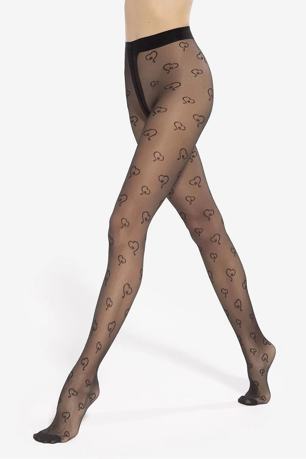 collants femme transparents noirs résille motif coeurs répétés mat 20DEN taille haute culotte Tband ceinture élastique renforcés orteils gousset