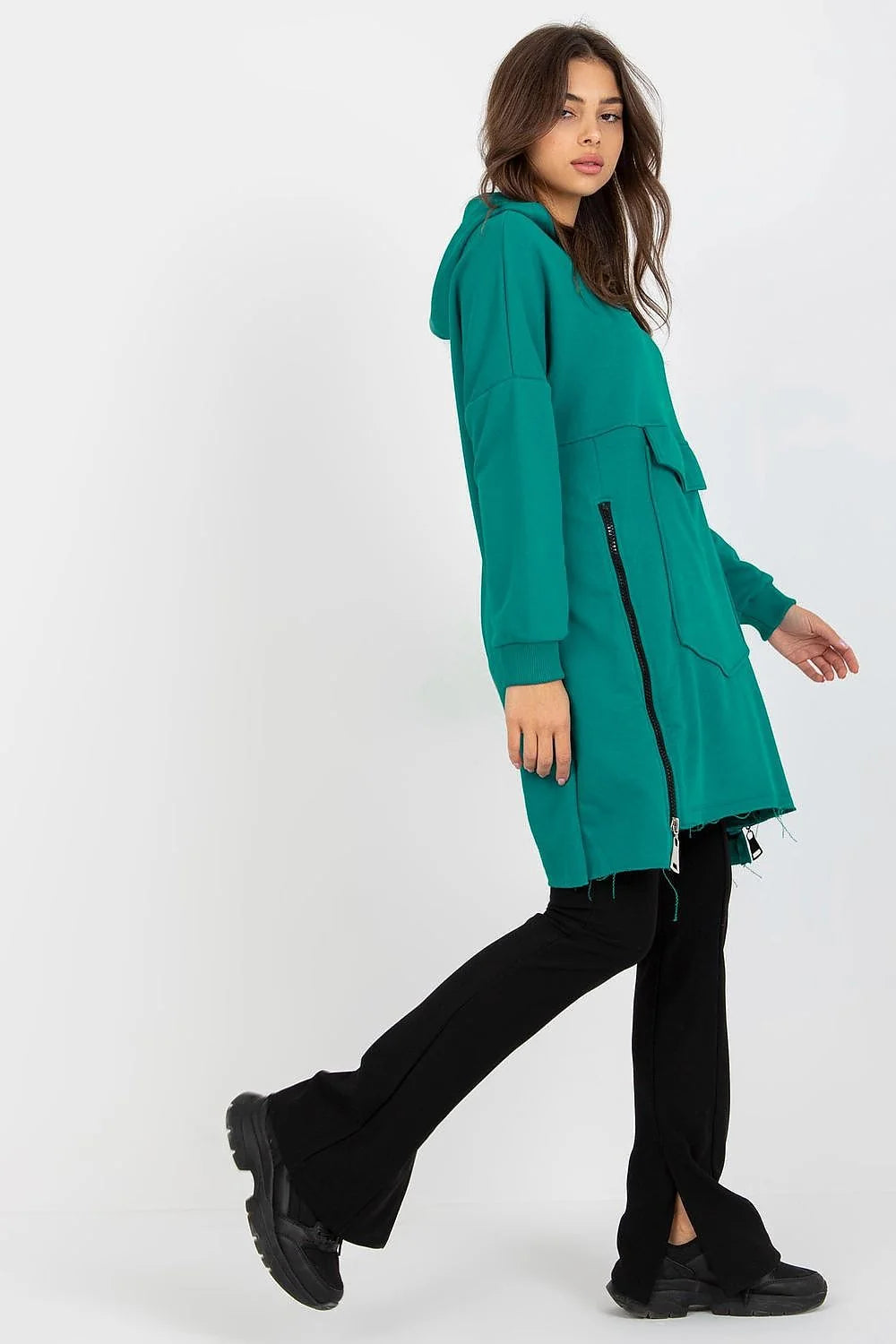 Robe pull femme style décontracté longue manches longues capuche poche kangourou coton vert émeraude