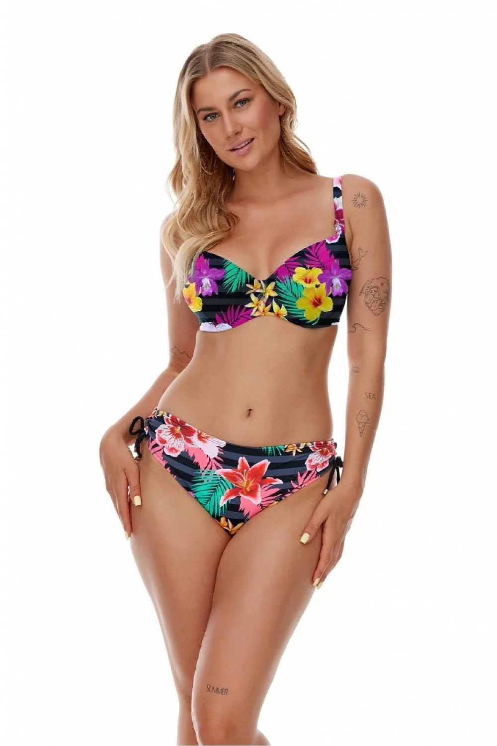 Bikini tropical féminin imprimé floral exotique couleurs vives jaune rose rouge vert plage été