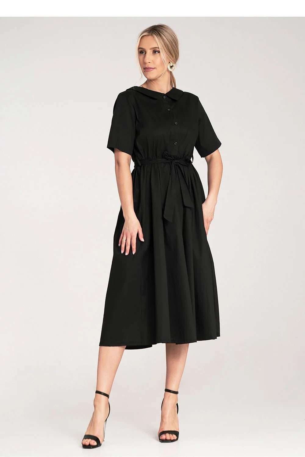 Robe de jour Figl midi noire en coton manches courtes col rond boutons ceinture silhouette A évasée femme