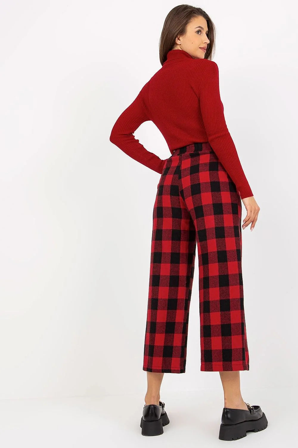 Pantalon femme Lakerta en laine 100% carreaux noir et blanc haute taille large coupe style classique occasion décontractée et professionnelle