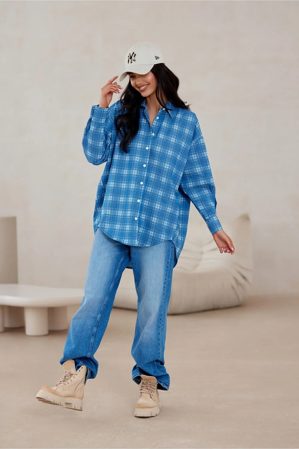 Chemise manche longue motif carreaux coton 100% coupe oversize boutons décoratifs femme style décontracté