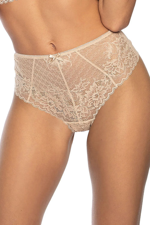 Culotte haute dentelle beige nœud décoration coupe design raffine motif floral partial transparence ajustement confort taille femme