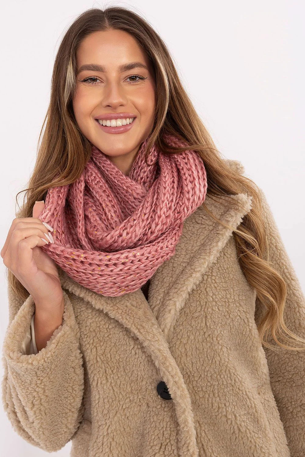 snood écharpe col grosse maille rose poudré tricot chunky chinée éclats dorés double douillette isolante hiver polyester 65cm