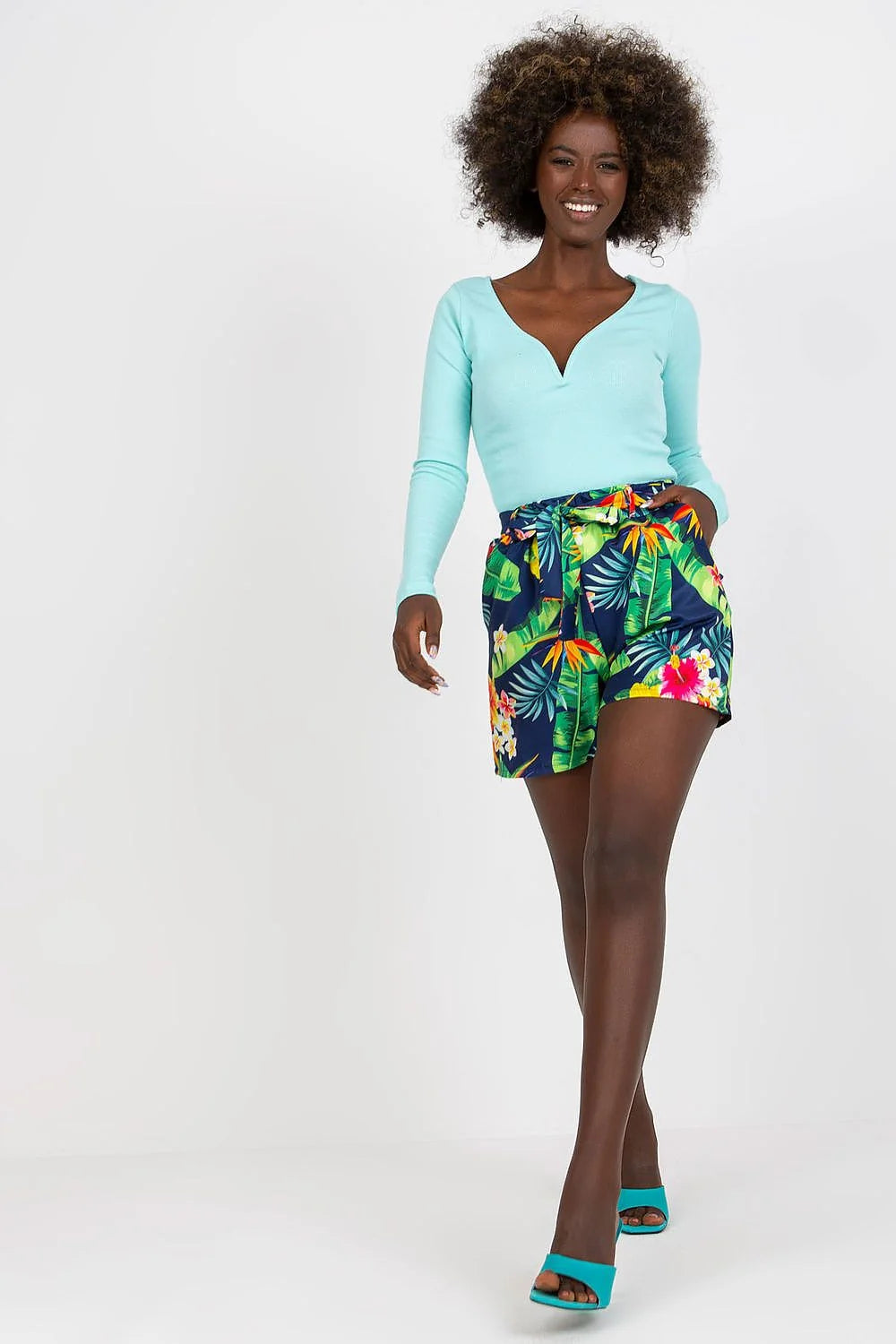 Shorts Rue Paris imprimés tropicaux, polyester, taille haute, ceinture, shorts femme estivaux