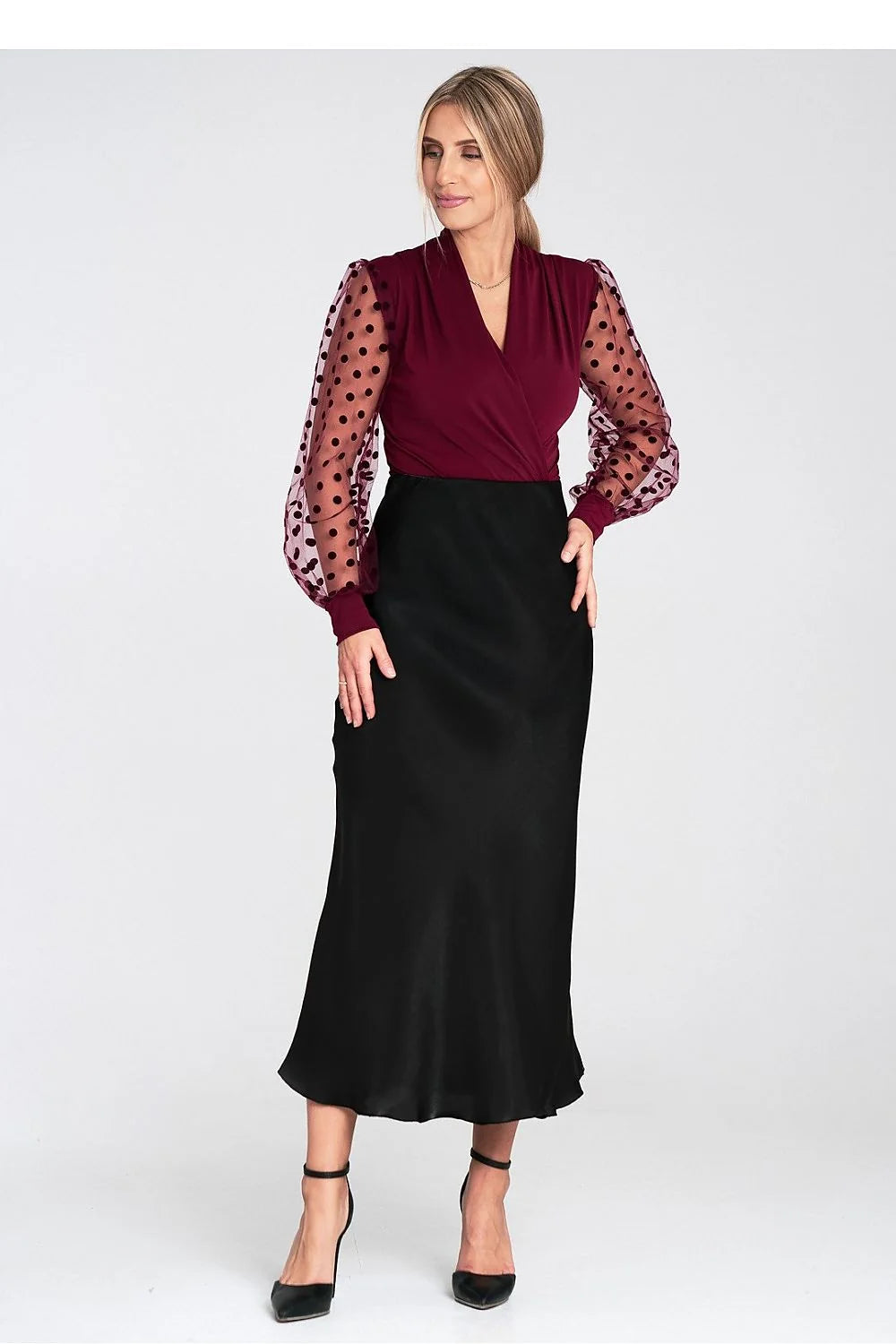 blouse cachecoeur femme bordeaux merlot manches bouffantes tulle plumetis noir semi transparentes pois contrastes corps ajusté jersey stretch décolleté V