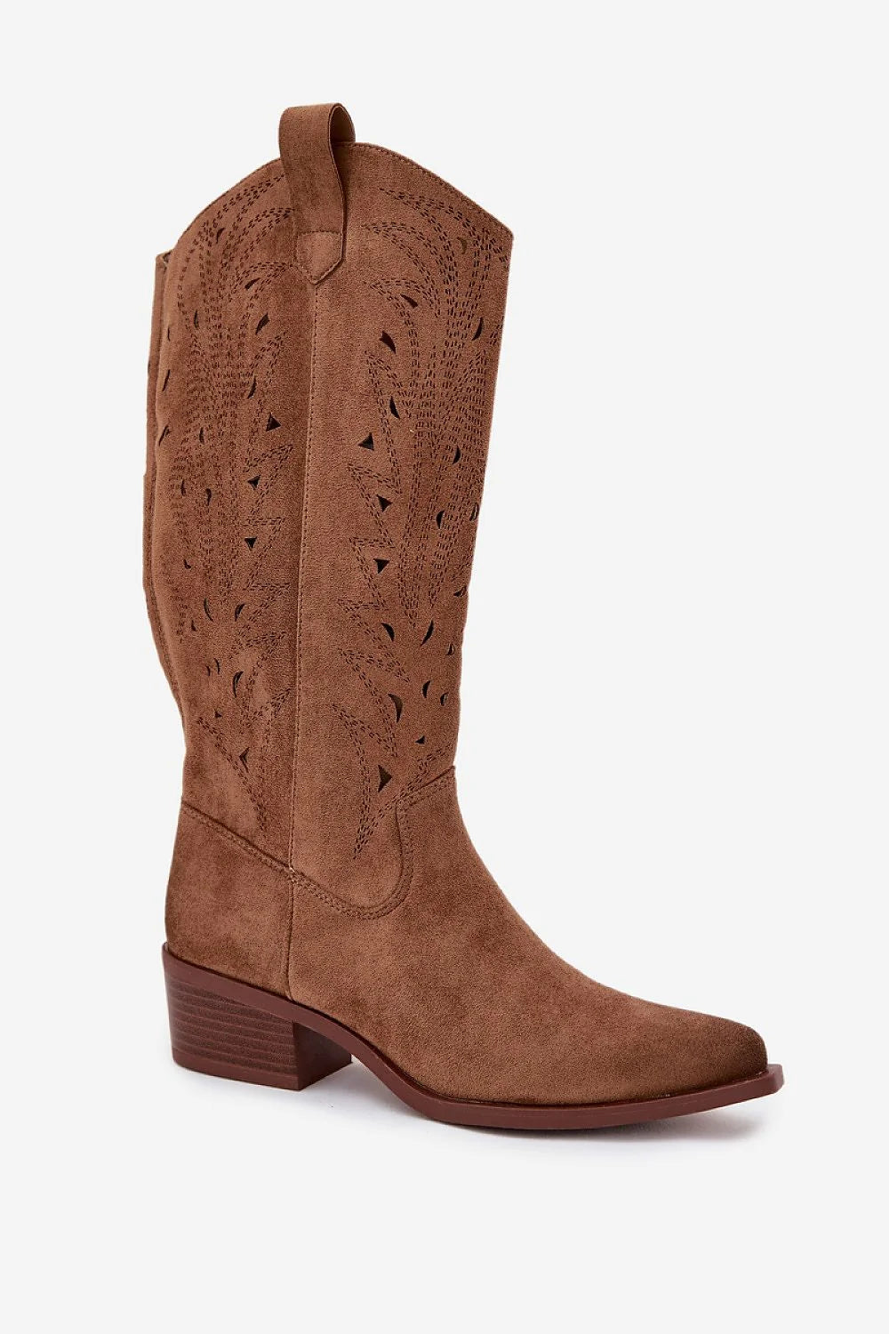 bottes femme mi mollet suède écologique cognac ajouré perforé style western bohème chic bout pointu talon bloc bas
