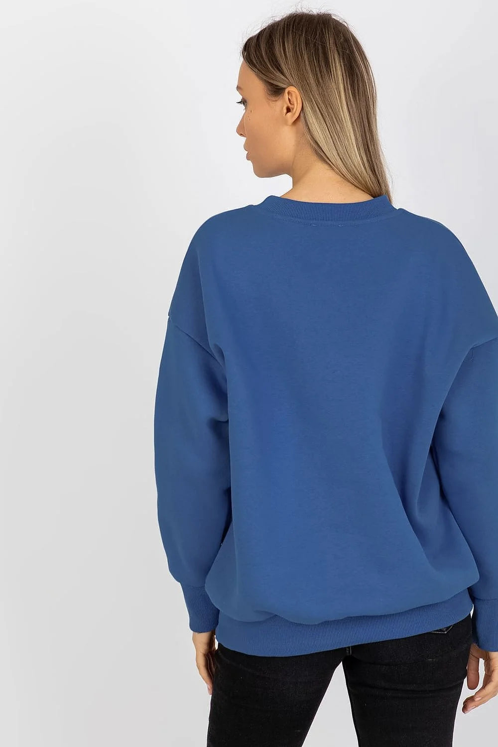 Sweatshirt femme coupe ample coton chaud manches longues col rond ourlet côtelé bleu vif mode casual