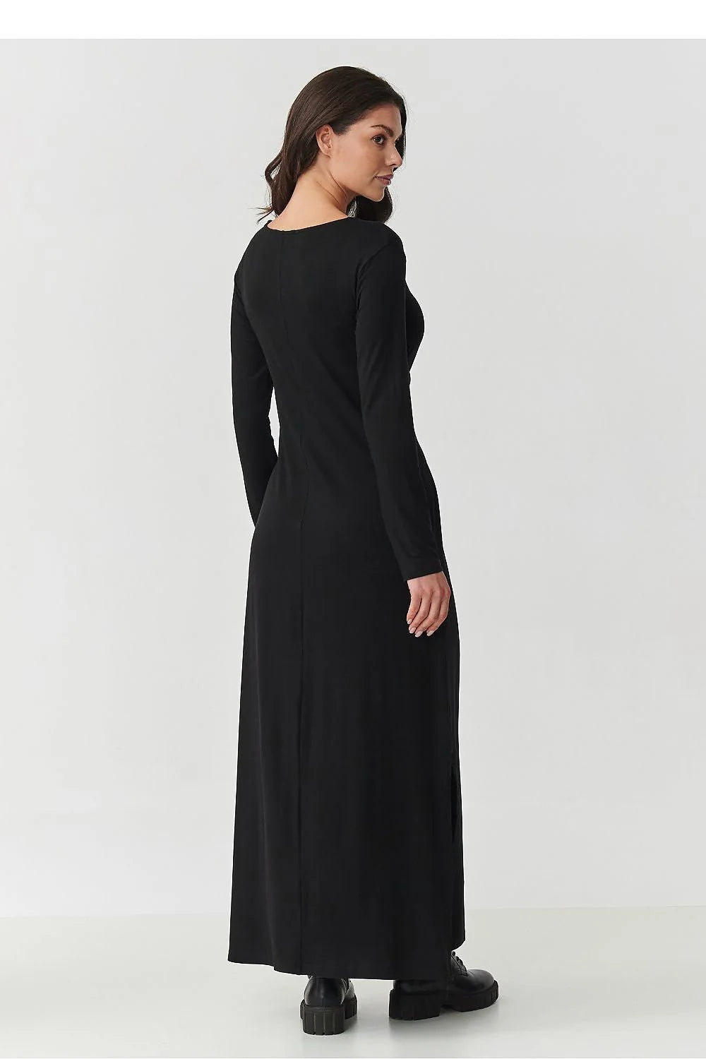 robe maxi viscose manches longues ceinture nouée taille encolure ronde fentes latérales drapé fluide élégant polyvalent casual chic soirée noir