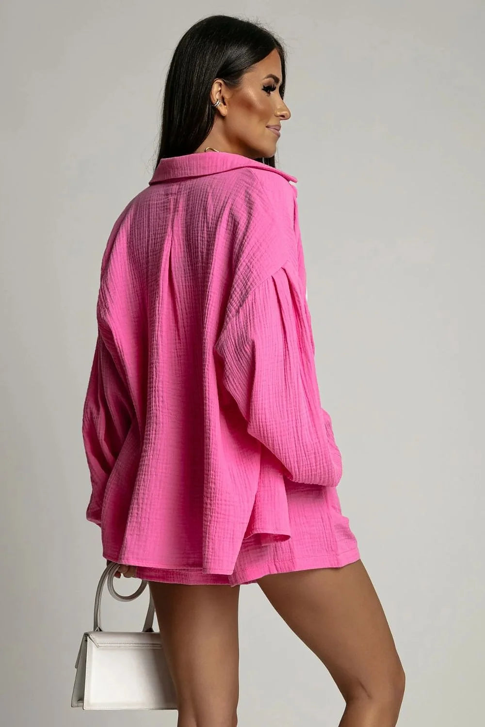 Ensemble La Balancia pour femme en mousseline rose vif manches longues larges short taille haute style moderne décontracté occasion estivale