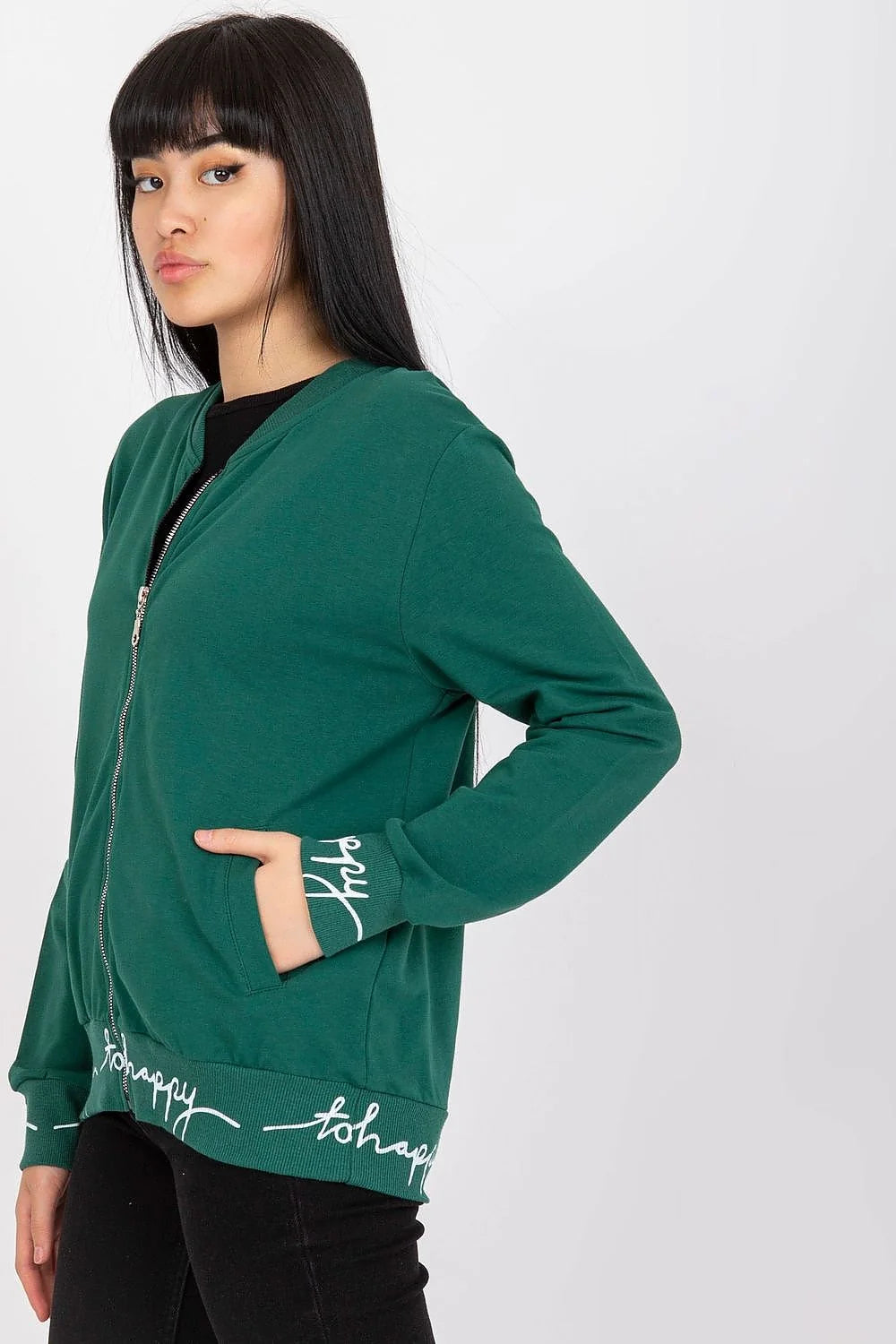 Sweatshirt femme décontracté moderne manches longues vert foncé coton élasthanne ceinture écriture happy tailles S/M L/XL