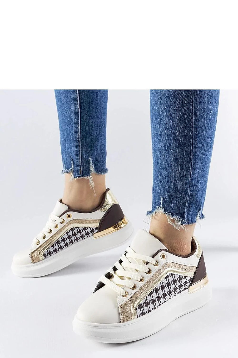 Baskets modernes en cuir synthétique motif pied-de-poule doré beige plateforme talon compensé confortable femme