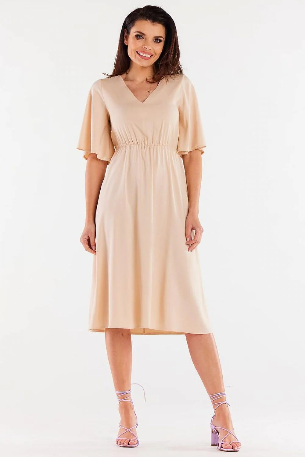 Robe de jour awama en viscose beige clair col en V manches larges taille élastique pour femme
