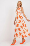 robe estivale longue volants manches courtes ceinture nouée ajustable motif floral orange crème fluide plissé portefeuille décolleté V