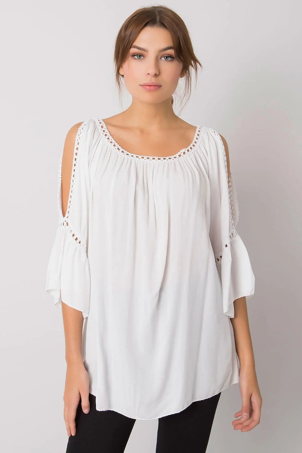chemisier Och Bella orange vif viscose léger respirant ample fluide encolure arrondie fronces manches troisquarts coldshoulder évasées dentelle ajourée bohème