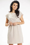 Robe de jour féminine simple élastiquée manches courtes encolure bateau poches zippées beige sand tailles S/M/L/XL