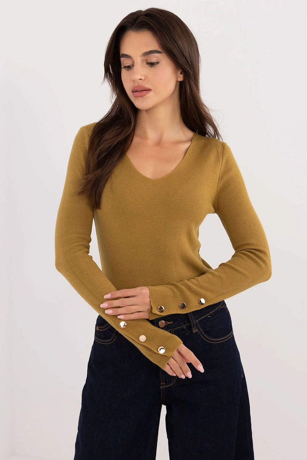Pull pour femme décontracté manches longues encolure V boutons décoratifs viscose polyamide polyester couleur moutarde