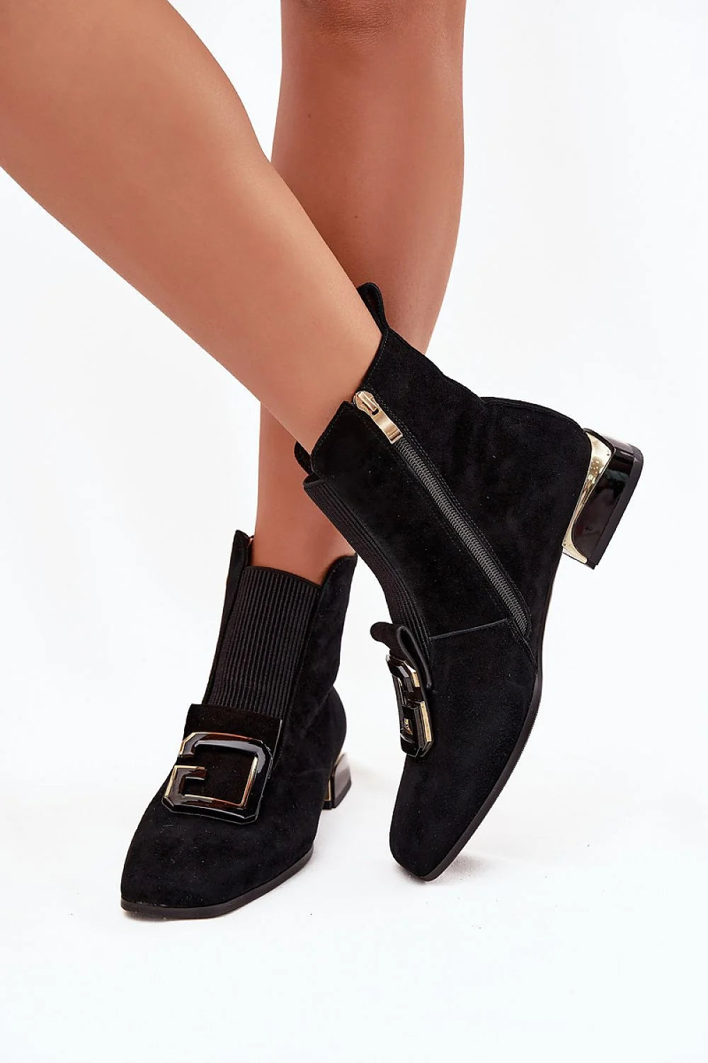 bottines femme daim suédé noir talon 3cm doublure chaude fermeture éclair latérale bout carré boucle rectangulaire dorée semelle fine chic