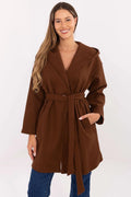 manteau femme mi long ceinturé marron chocolat polyester grand col châle capuche épais aspect laineux coupe ample poches latérales