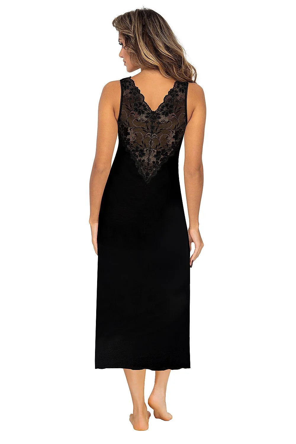 robe nuit longue dentelle noire fleurie col V plongeant bretelles larges viscose fluide taille empire cheville silhouette ample élégante raffinée