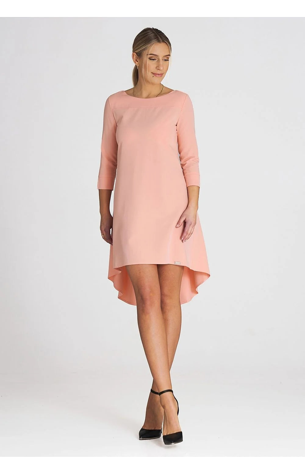 Robe asymétrique moderne en polyester et viscose, manches 3/4, dos plissé, style épuré pour femme